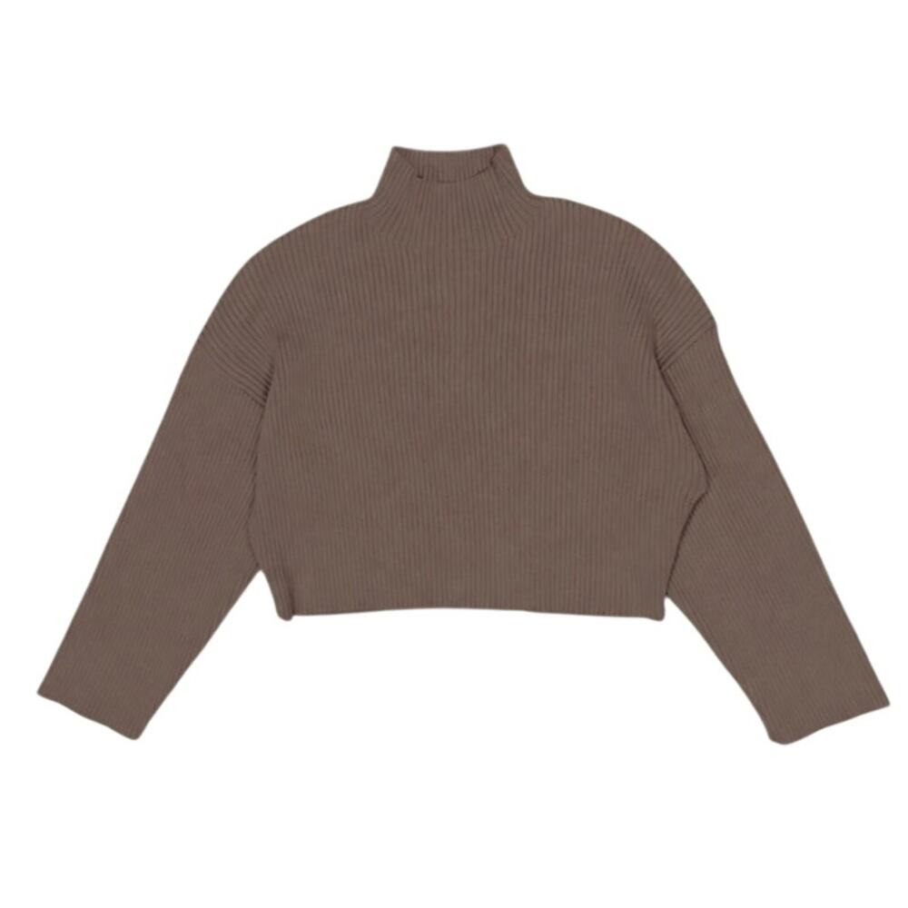 ZARA Cropped Ribbed Knit Mock Neck Sweater Brown Size Small Long Sleeve